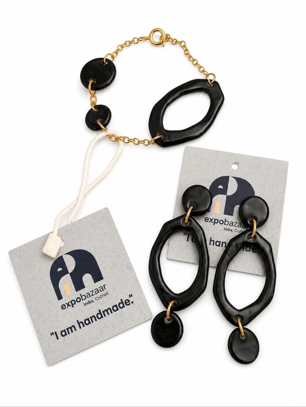 EXPOBAZAAR Black Ceramic Freeform Modernist Copper Bracelet Earrings Set